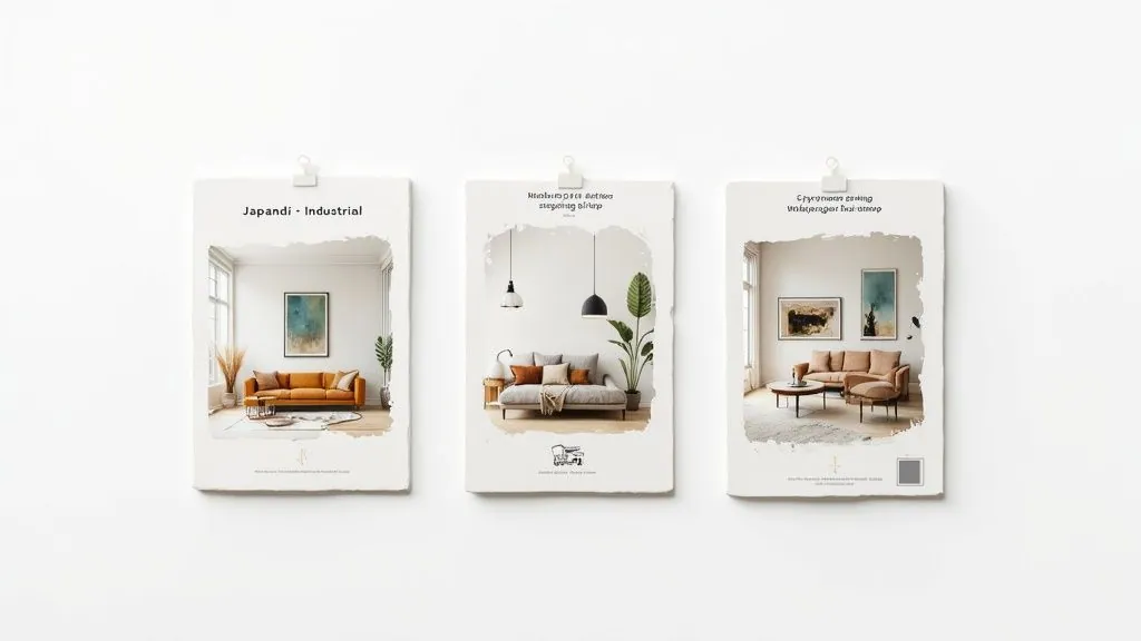 Three white cards on a wall displaying diverse interior design styles for modern living rooms.