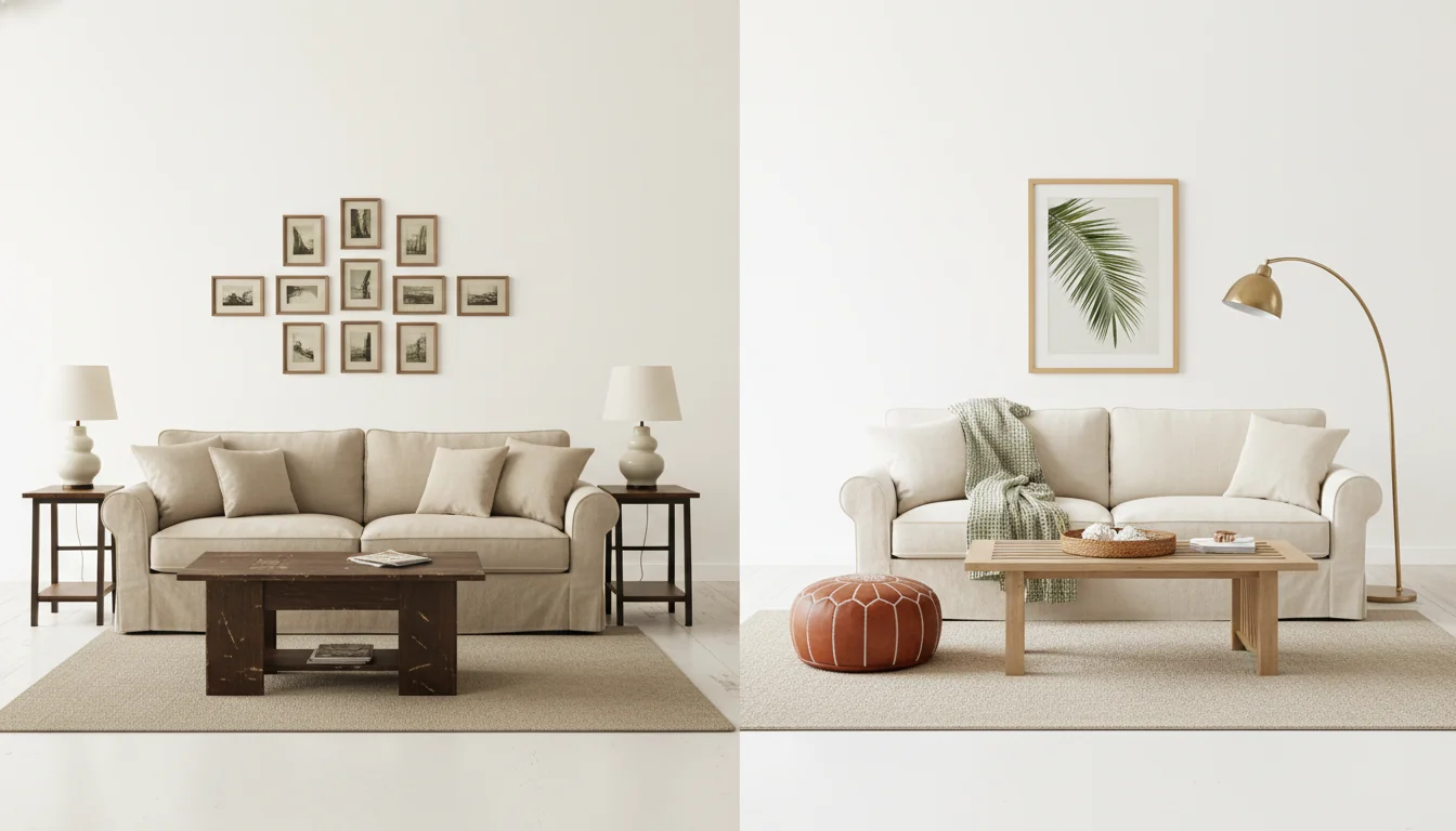 A side-by-side photo of a tired Airbnb living room — beige sofa, generic gallery wall, mismatched lamps, dated brown coffee table — next to the same room redesigned by AI in a warm coastal palette with a cream linen sofa, oak slat coffee table, woven pendant, and a single oversized framed print, illustrating AI interior design for Airbnb.