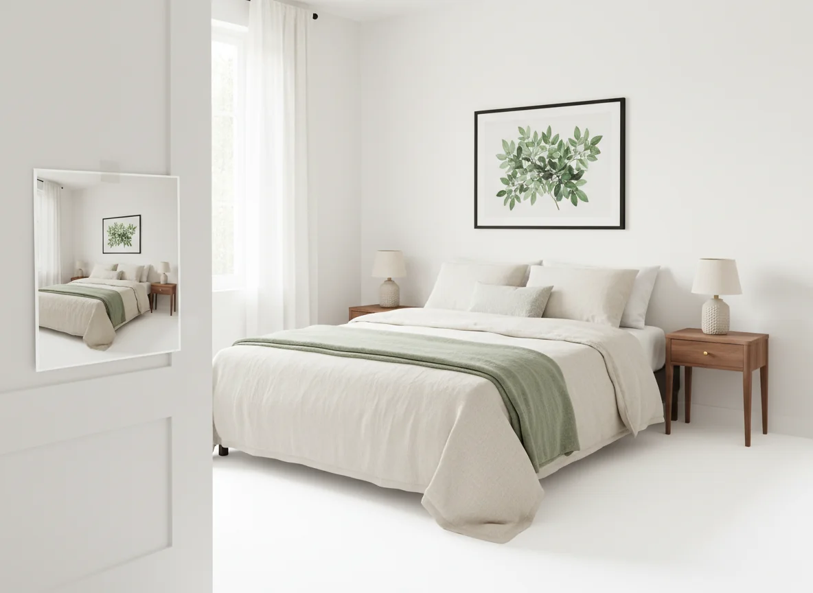 A photo of a freshly renovated Airbnb bedroom photographed at the same camera angle as a printed AI render taped to the closet door — both images showing a queen bed with cream linen bedding, a walnut nightstand with a small ceramic lamp, a single framed botanical print above the bed, and morning light from a window — illustrating the render-as-brief workflow.