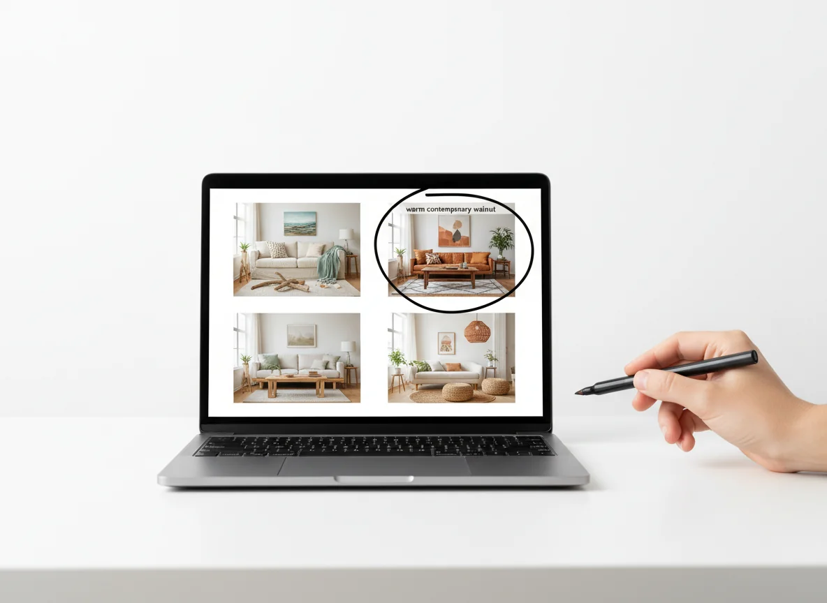 A laptop on a kitchen counter showing four AI-generated style previews of the same Airbnb living room — coastal cream, warm contemporary walnut, Japandi oak, and modern boho — arranged as four side-by-side thumbnails, with a host's hand circling the warm contemporary option in marker, illustrating the photo-first AI design loop.