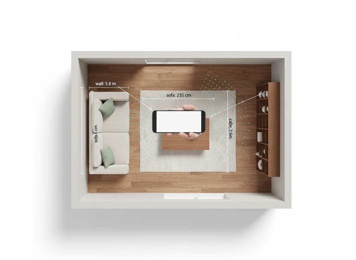 A clean overhead diagram on a soft warm-grey background showing an Android phone held over a small living room — a fan of pale teal dots representing an ARCore depth scan radiates from the back of the phone across the room, hitting a sofa, coffee table, rug, and bookshelf, with thin annotation lines labeling "wall: 3.8 m", "sofa: 235 cm", "ceiling: 2.6 m" — illustrating how ARCore captures room geometry on Android for AI interior design.