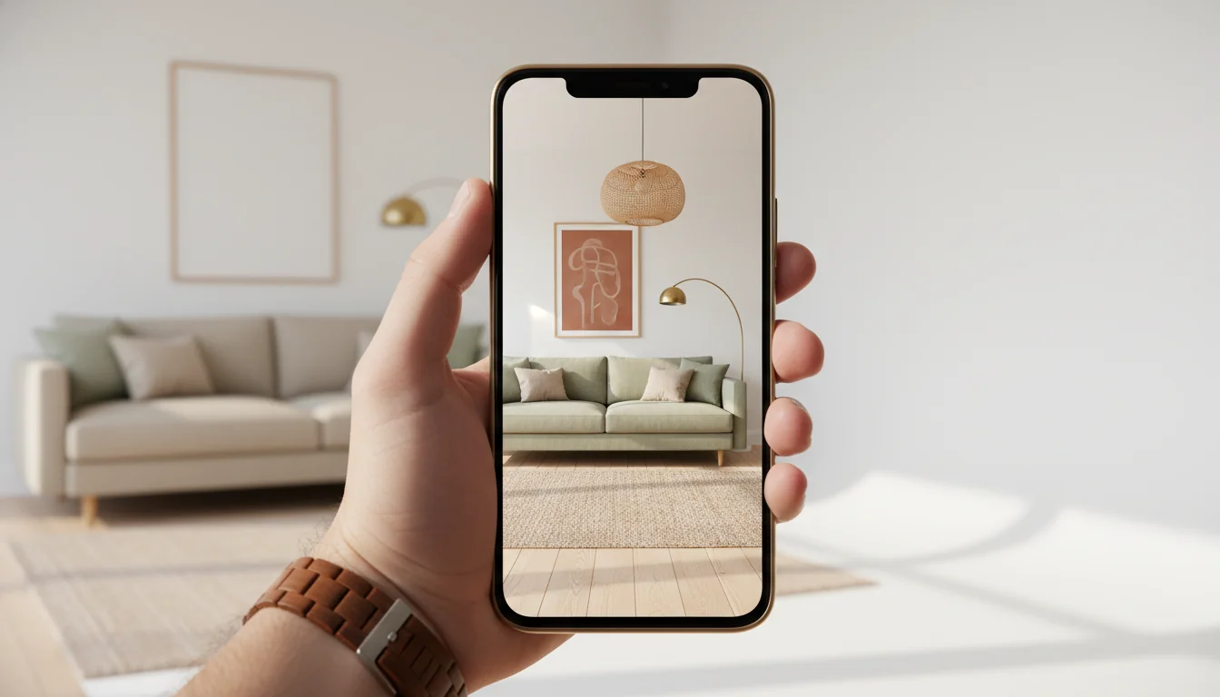 A hand holding a Pixel-style Android phone in a sunlit living room, the screen showing a photorealistic redesign of the same room — pale oak floor, sage green linen sofa, woven rattan pendant, terracotta art print — with the real, plainer version of the room slightly blurred behind it, illustrating an AI interior design app for Android.