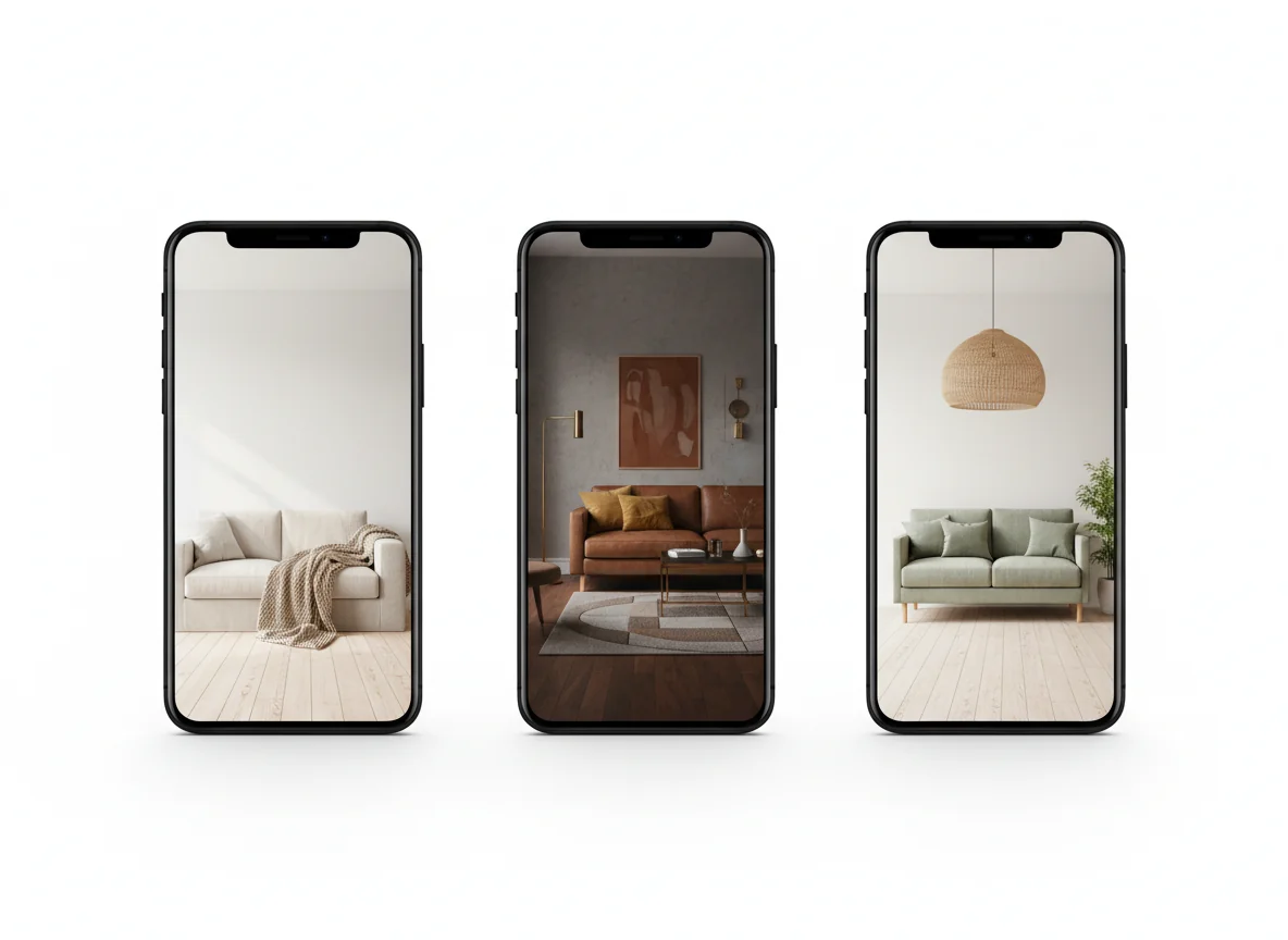 A photorealistic side-by-side comparison on a clean studio backdrop — three Android phones standing upright in a row, each showing the same plain living-room photo redesigned in a different style: the left phone shows a warm Scandinavian redesign with pale oak floor and oatmeal linen sofa, the middle shows a darker mid-century redesign with walnut floor and cognac leather sofa and brass accents, and the right shows a Japandi redesign with light wood, sage green linen, and clean low-profile shapes — illustrating multiple AI redesign styles generated from a single Android photo.