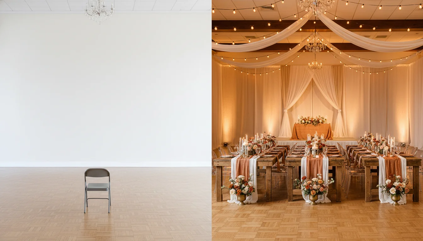 A side-by-side photo of an empty hotel ballroom with bare parquet floor, blank cream walls, and basic chandeliers, next to the same room rendered by AI as a styled wedding reception with long oak farm tables, terracotta and ivory florals, amber bistro string lights, draped linen, ghost chairs, and a sweetheart table on a low riser, illustrating AI interior design for event planners.