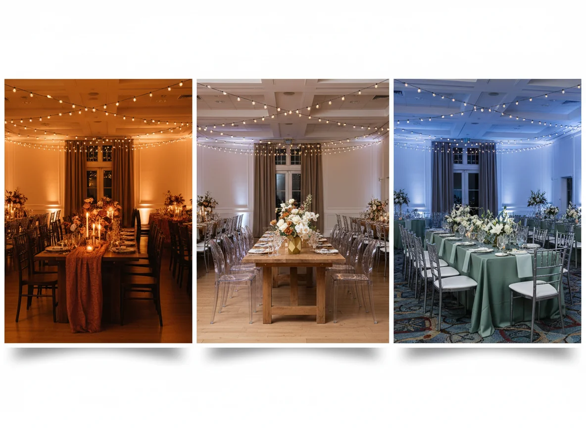 A side-by-side render showing the same wedding reception ballroom rendered three ways at the same camera angle — left version with warm 2200K candlelight only, center with mixed 2700K bistro string lights and pin spots on florals, right with cool 4000K corporate-event lighting — illustrating how color temperature and light source mix change the read of an AI venue preview.