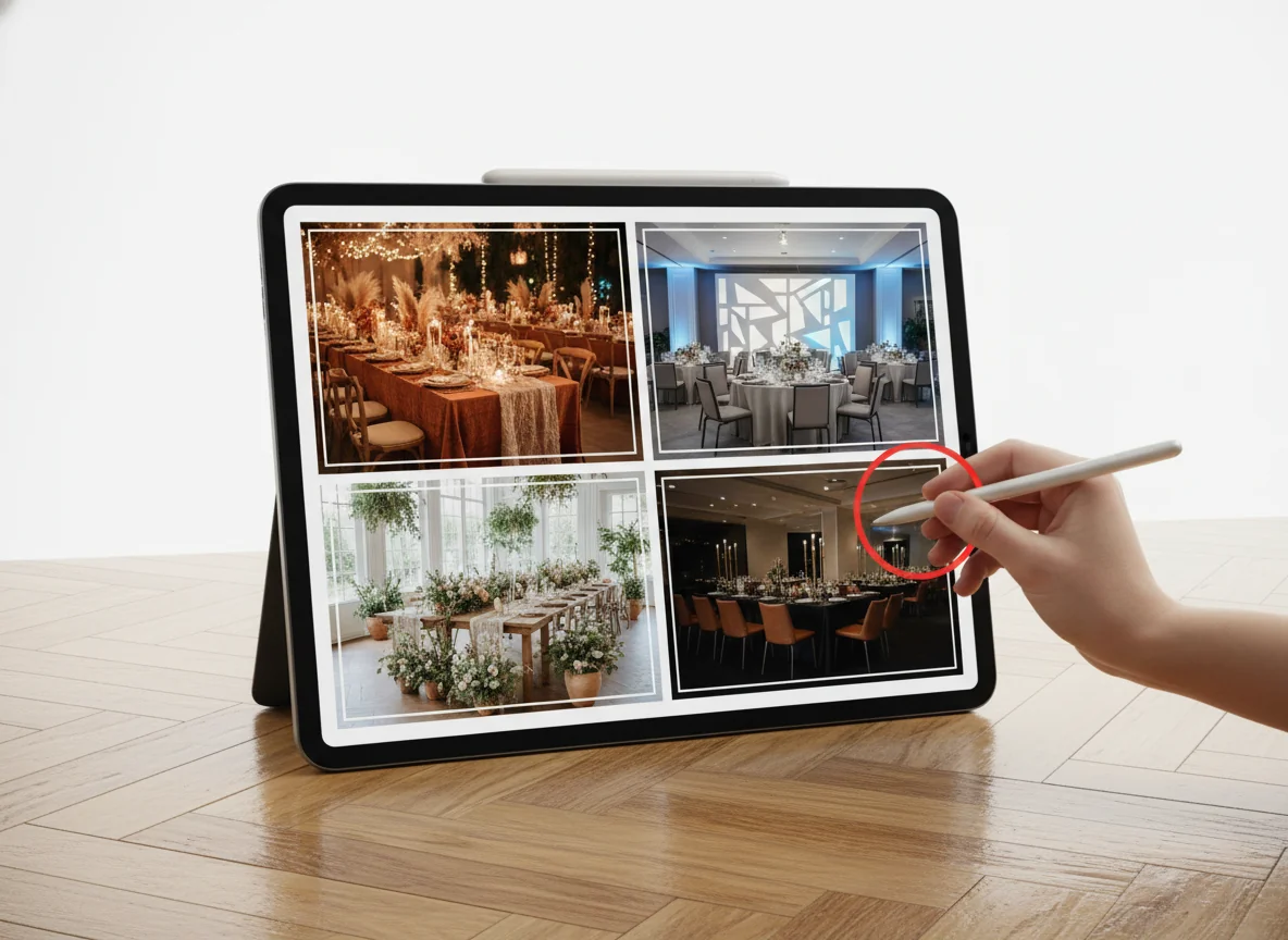 A planner's tablet on an empty venue floor showing four AI-generated style previews of the same ballroom — romantic candlelit wedding, modern corporate gala, garden-party brunch, and minimalist black-tie — arranged in a 2×2 grid, with a stylus circling the romantic candlelit option, illustrating the five-minute AI venue preview workflow for event planners.