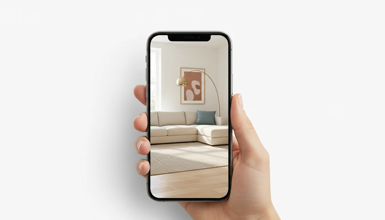 A hand holding a recent iPhone Pro in a sunlit living room, the screen showing a photorealistic redesign of the same room — pale oak floor, oatmeal linen sofa, terracotta art print, brass arc lamp — with the real, plainer version of the room slightly out of focus behind it, illustrating an AI interior design app for iPhone.
