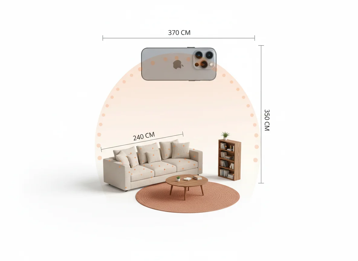 A clean overhead diagram on a soft warm-grey background showing an iPhone Pro held over a small living room — a fan of pale orange dots representing the LiDAR scan radiates from the back of the phone across the room, hitting a sofa, coffee table, rug, and bookshelf, with thin annotation lines labeling "wall: 3.8 m", "sofa: 240 cm", "ceiling: 2.6 m" — illustrating how iPhone LiDAR captures room geometry for AI interior design.