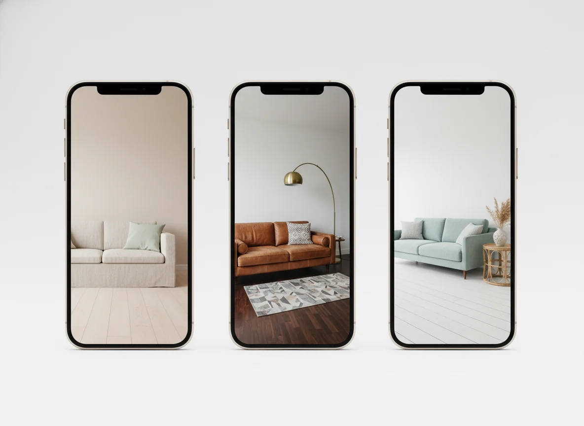 A photorealistic side-by-side comparison on a clean studio backdrop — three iPhones standing upright in a row, each showing the same plain living-room photo redesigned in a different style: the left iPhone shows a warm Scandinavian redesign with pale oak floor and oatmeal linen sofa, the middle shows a darker mid-century redesign with walnut floor and cognac leather sofa and brass accents, and the right shows a coastal redesign with white-washed boards, pale blue linen, and rattan accents — illustrating multiple AI redesign styles generated from a single iPhone photo.
