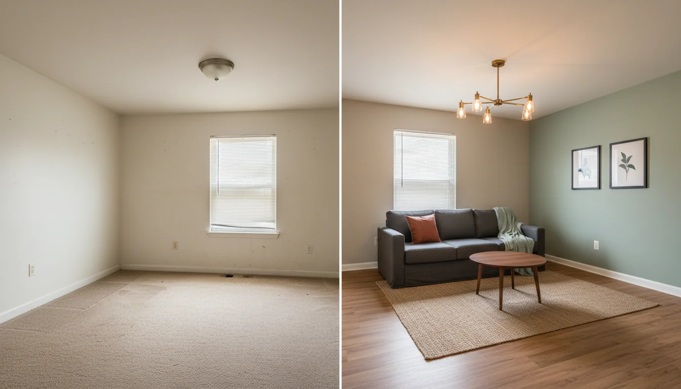 A side-by-side photo of a tired rental unit living room — scuffed beige walls, dated builder-grade flooring, plain white blinds, dim ceiling fixture — next to the same room redesigned by AI with warm greige walls, refreshed luxury vinyl plank flooring, a brushed brass pendant, sage green accent wall, and oatmeal area rug, illustrating AI interior design for landlords.