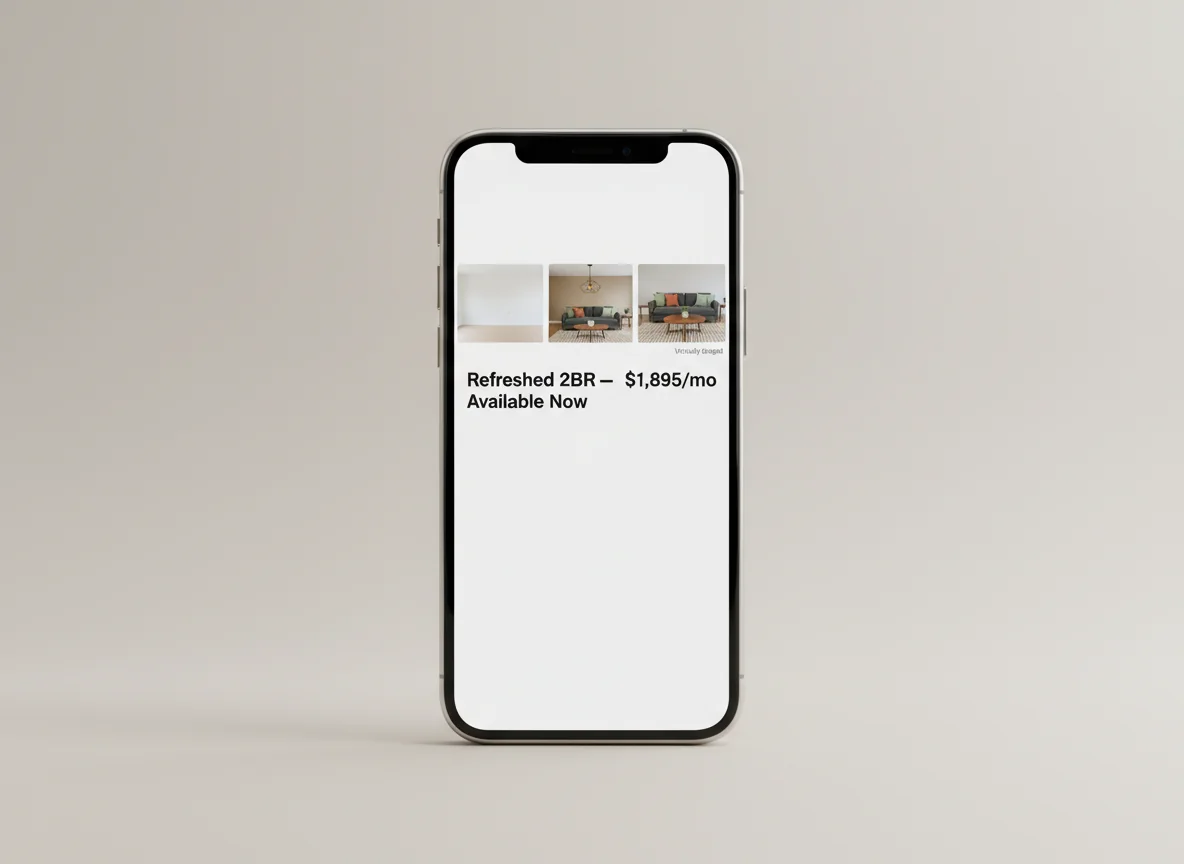 A photorealistic mockup of a rental listing on a phone screen — three thumbnail photos at the top showing the same living room as empty, freshly painted, and virtually staged with a charcoal sofa, oatmeal rug, walnut coffee table, and brass pendant — under a listing headline reading "Refreshed 2BR — Available Now" with a $1,895/month price, illustrating how landlords use AI interior design renders for vacancy marketing.