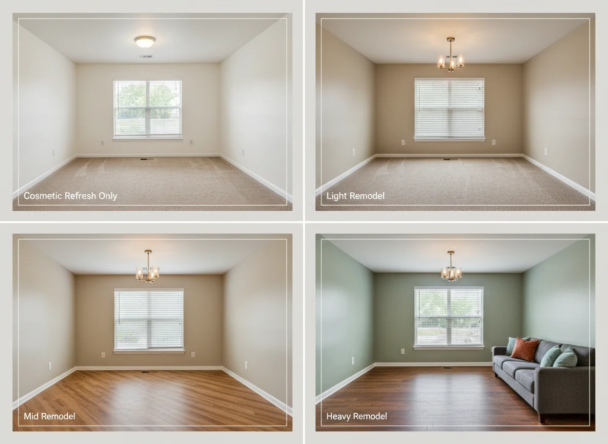 A clean side-by-side render comparing four refresh tiers of the same rental living room — cosmetic, light remodel, mid remodel, and heavy remodel — with each variation showing the same camera angle and the same room transformed at progressively higher capex levels, illustrating the paint-or-replace decision for landlords using AI interior design.