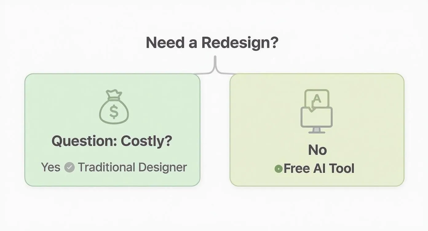 A diagram comparing redesign options: 'Costly? Yes - Traditional Designer' versus 'No - Free AI Tool'.