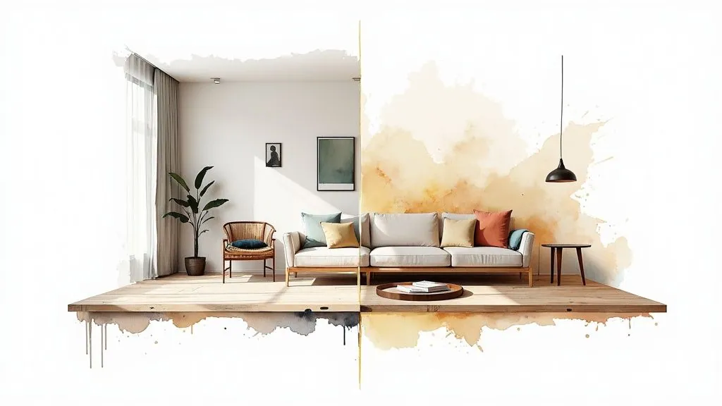 A split image showing two interior design concepts: one realistic living room, the other an artistic watercolor rendition.