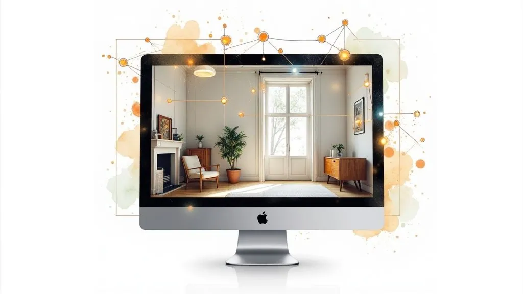 A person using a tablet to view an AI-generated interior design of their living room, showing the digital overlay on the real space.