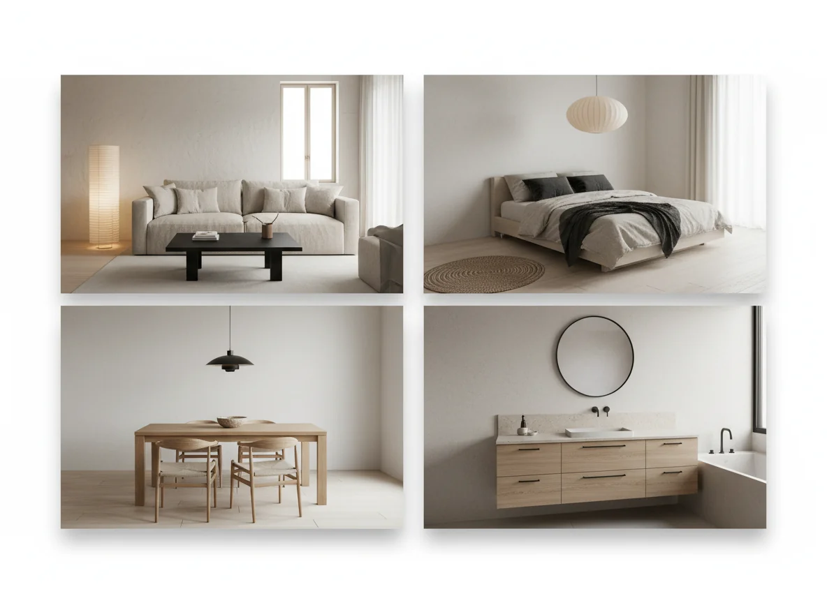 A clean 4-up editorial grid showing four AI-rendered Japandi rooms side-by-side — top-left a low-horizon living room with an oatmeal linen sofa, oak coffee table, paper floor lantern, and pale plaster wall; top-right a serene bedroom with a low platform bed in oak, layered linen bedding in oatmeal and soft black, a paper pendant overhead, and a woven floor rug; bottom-left a quiet dining room with a solid oak rectangular table, paper-cord chairs, a low matte black pendant, and a single ceramic centerpiece; bottom-right an onsen-style bathroom with an oak vanity, blackened steel hardware, a honed travertine counter, and a thin-framed black round mirror — illustrating Japandi by room.