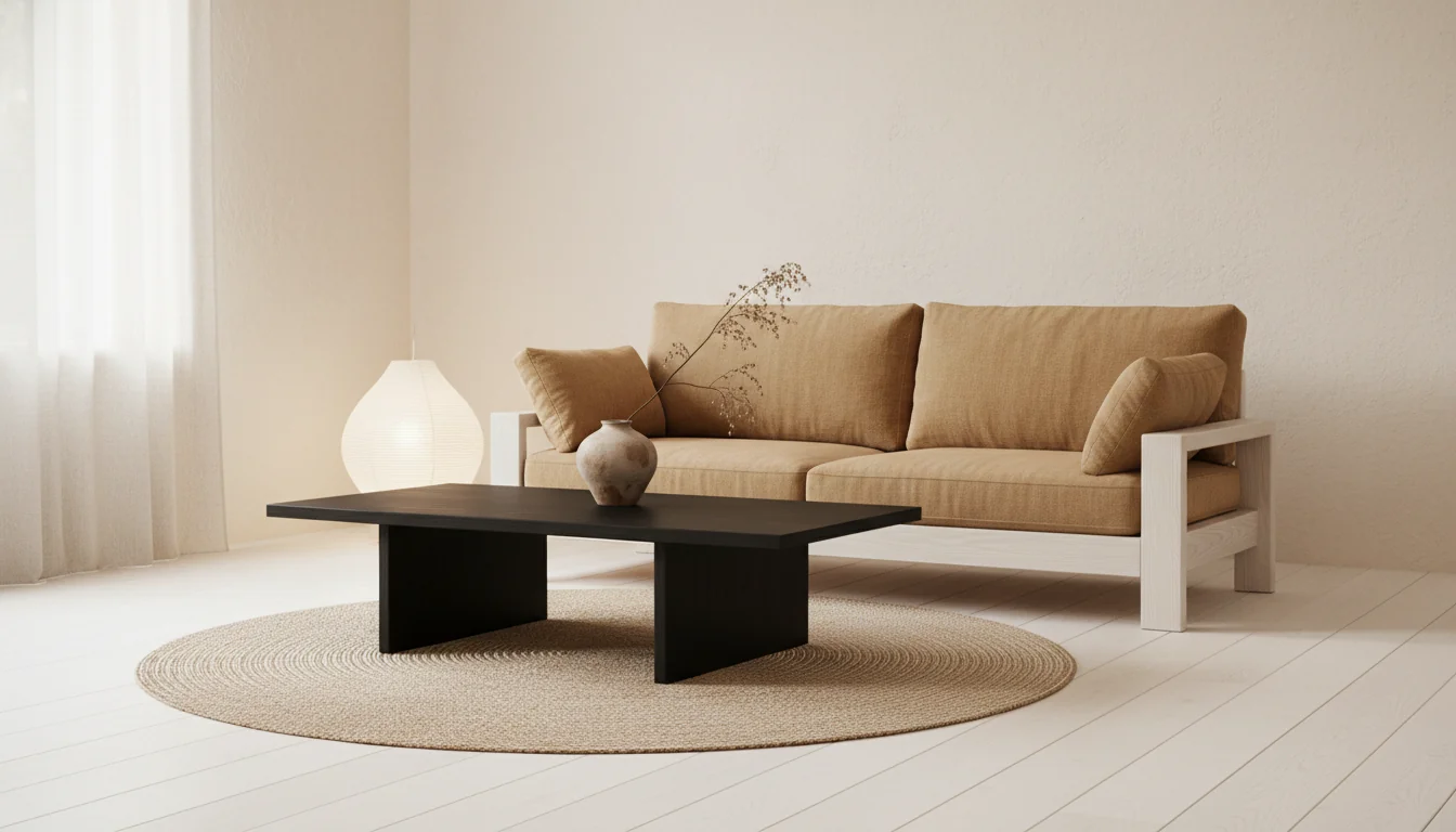A photoreal AI-rendered Japandi living room with pale white-oak flooring, a low-profile linen sofa in warm oatmeal, a black-stained oak coffee table, a handmade ceramic vase with a single dried branch, a Noguchi-style paper floor lantern in the corner, soft natural light through a linen-curtained window, a pale plaster wall in a warm off-white, and a low woven jute rug — illustrating an AI Japandi interior design generated from a single phone photo.