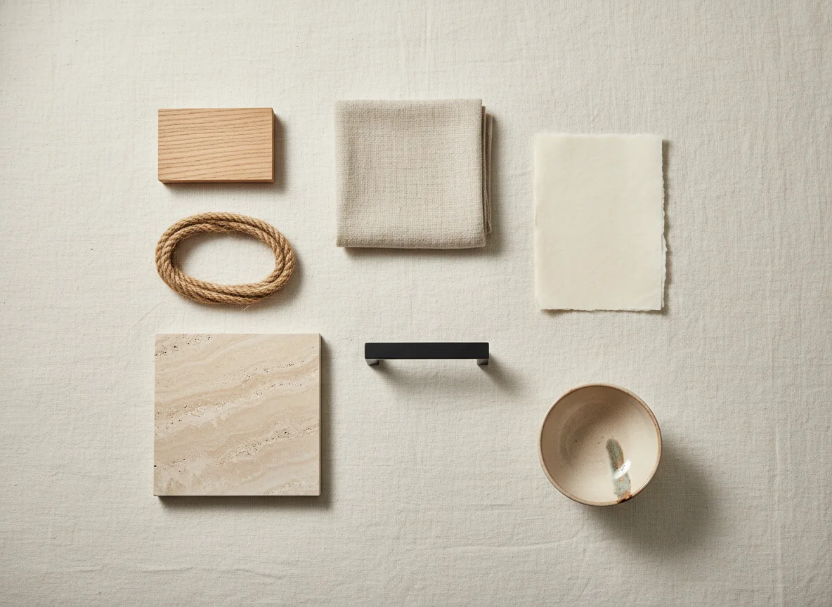 A clean editorial flat-lay showing the Japandi material palette laid out on a warm white linen background — a small slab of white oak, a square of undyed oatmeal linen, a coil of natural jute rope, a folded sheet of handmade paper, a smooth honed travertine tile, a matte black steel cabinet pull, and a single handmade ceramic bowl in warm off-white with a visible glaze drip — illustrating the narrow material vocabulary that defines Japandi interior design.