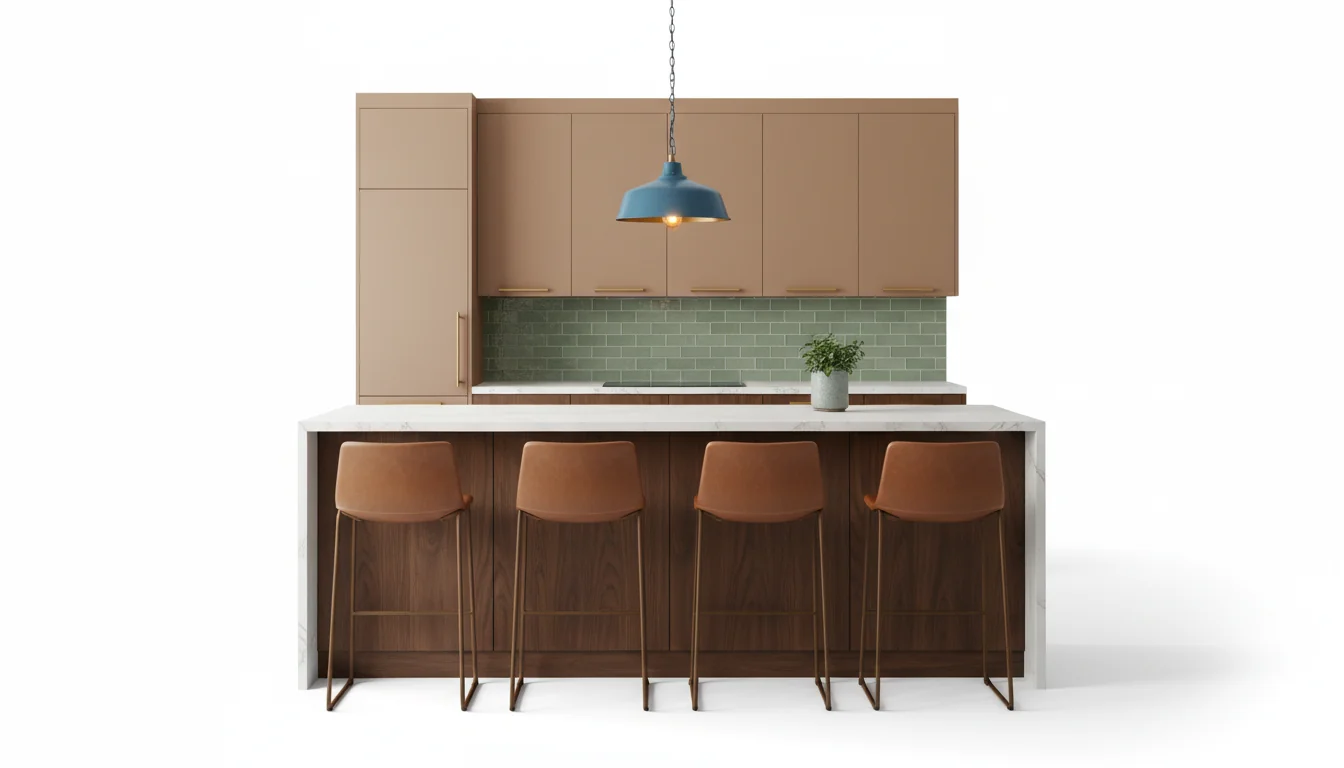 Modern kitchen with walnut lower cabinets, warm oatmeal upper cabinets, honed white quartz counters, sage-green zellige backsplash, cognac leather counter stools, and a single cerulean pendant, isolated on a pure white studio background