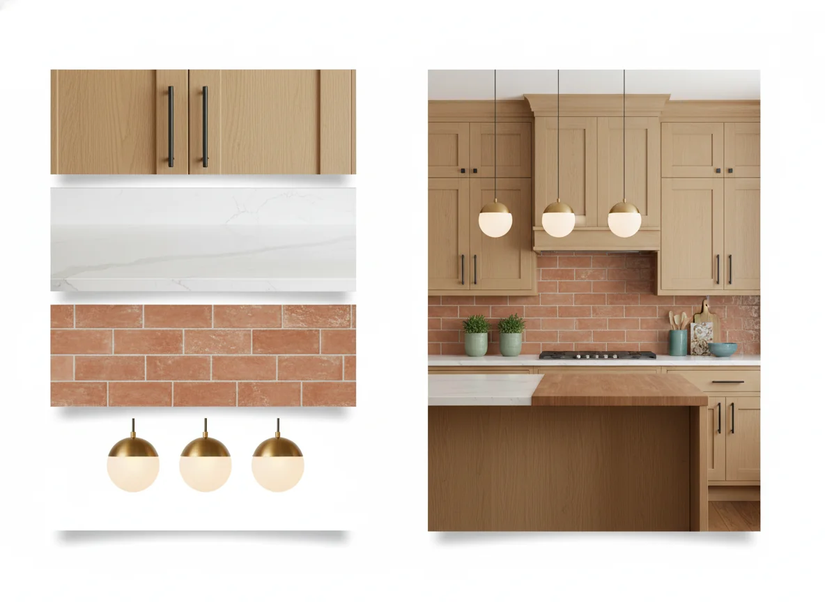 Photoreal AI-generated split view labeling a kitchen's cabinets, counter, backsplash, and lighting layers on a pure white studio background