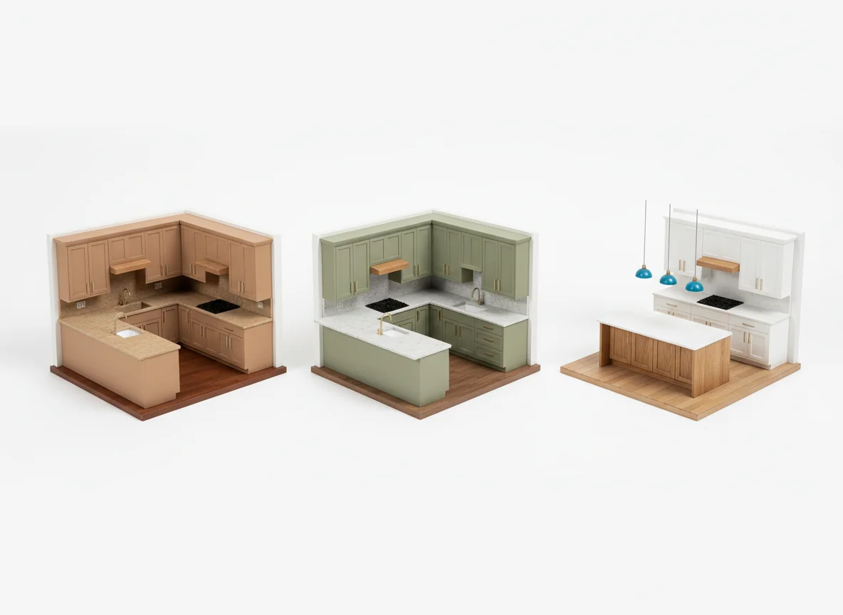 Photoreal AI-rendered comparison of the same kitchen as a galley, an L-shape, and an open island layout on a pure white studio background