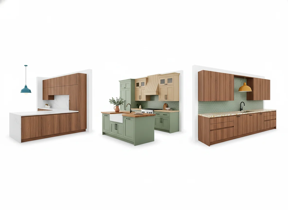 Three photoreal AI-generated kitchen renders showing modern, modern-farmhouse, and mid-century-modern styles in a clean row on a pure white background