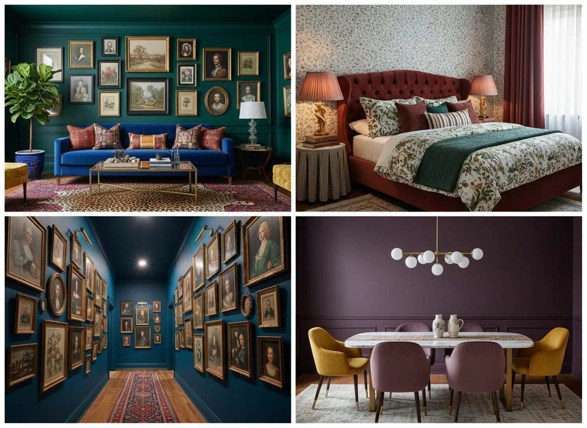 A clean 4-up editorial grid showing four AI-rendered maximalist rooms side-by-side — top-left a saturated living room with deep-emerald color-drenched walls, a sapphire velvet sofa layered with mixed-pattern pillows, a salon-style gallery wall in mixed gilt and black frames, layered Persian and leopard-print rugs, a brass coffee table stacked with art books, and a fiddle-leaf fig in a cobalt planter; top-right a quieter bedroom with a small-scale paisley wallpaper accent wall, a tufted oxblood velvet upholstered bed with mixed-scale botanical and stripe linens, a gilt sculptural lamp with a pleated silk shade, and skirted nightstands stacked with books; bottom-left a dramatic hallway with peacock-blue color-drenched walls, a tightly composed full-length gallery wall of vintage portraits and botanicals in mixed gilt frames, a kilim runner, and two brass picture lights; bottom-right a moody dining room with plum color-drenched walls, a marble-and-brass table set with a runner and sculptural centerpiece, mixed velvet chairs (four tone-on-tone, two contrasting), and a clustered chandelier hanging low — illustrating maximalism by room.