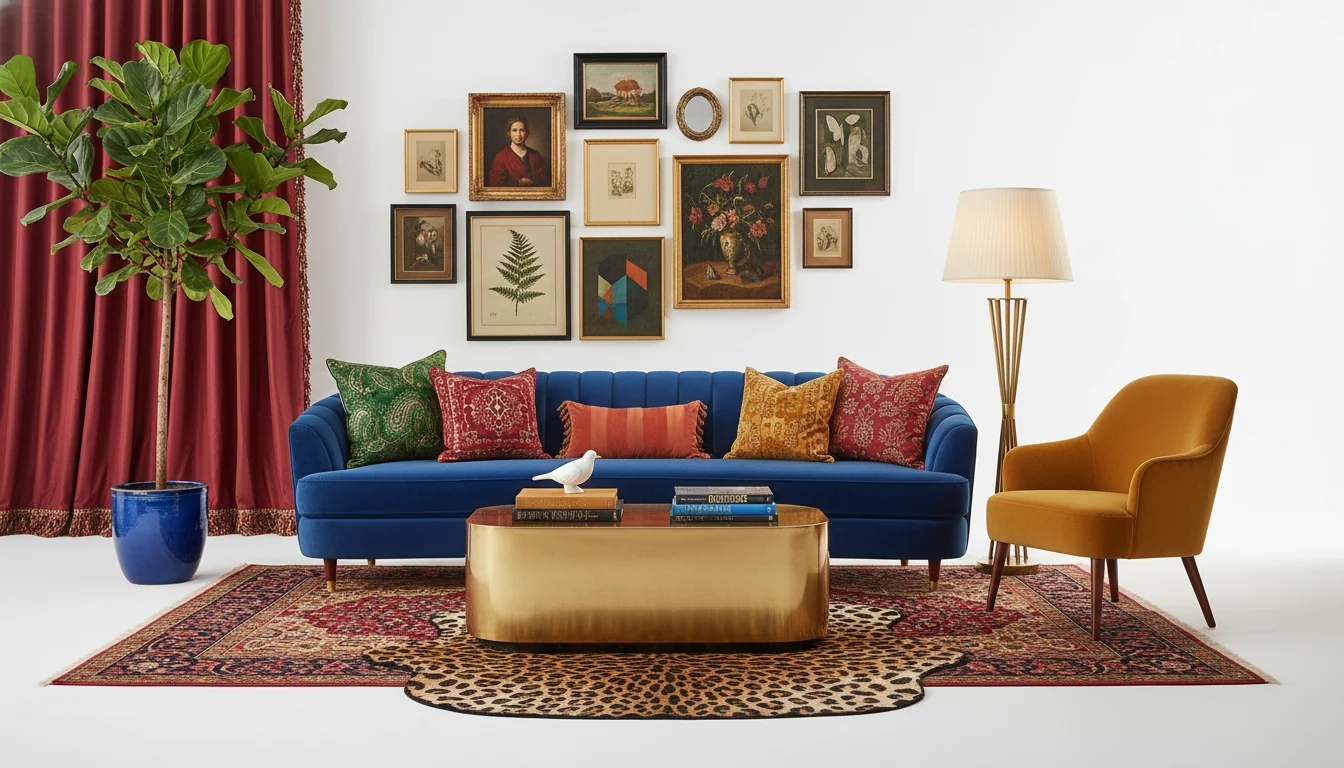A photoreal AI-rendered maximalist living room with deep emerald walls, a salon-style gallery wall in mixed gilt and black frames, a curved sapphire velvet sofa layered with ruby silk and ochre block-print pillows, a Persian-style rug overlapping a leopard-print rug, a brass coffee table stacked with art books, a tall fiddle-leaf fig in a glazed cobalt planter, a mustard velvet armchair, fringed silk drapery in oxblood, and dramatic warm directional light from a sculptural brass floor lamp and a fringed silk pendant — illustrating an AI maximalist interior design generated from a single phone photo.