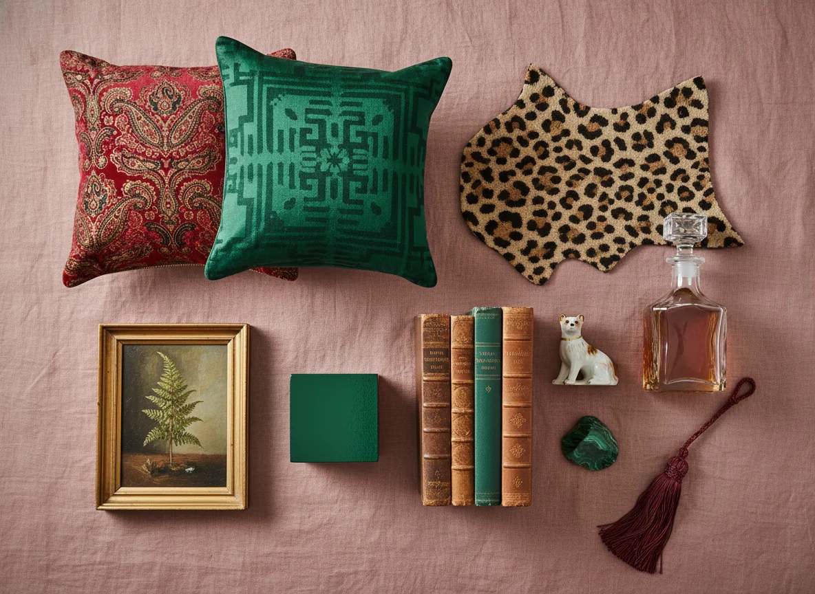 A clean editorial flat-lay showing the maximalist material kit laid out on a dusty pink linen background — a pair of richly patterned silk velvet pillow samples (one ruby paisley, one emerald block-print), a fringed silk tassel in oxblood, a polished brass picture frame, a small gilt-framed oil painting of a botanical, an offcut of leopard-print wool rug, a sample of deep-emerald color-drenched paint on a wood block, a brass tortoiseshell-handled magnifying glass, a hardcover art book stack, and a single ceramic figurine — illustrating the layered material vocabulary that defines maximalist interior design.