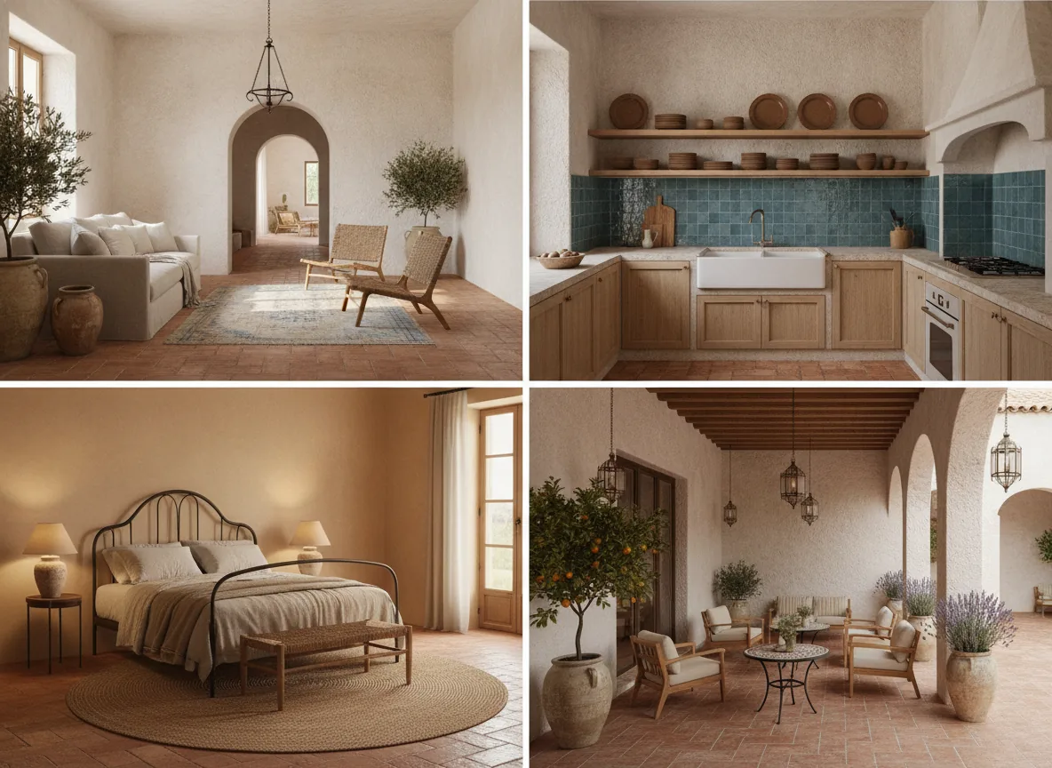 A clean 4-up editorial grid of four AI-rendered Mediterranean rooms side by side — top-left a sun-washed living room with cream limewash walls, an arched doorway, a low oatmeal linen slipcovered sofa, rattan lounge chairs, a faded Turkish rug over terracotta tile, a wrought-iron pendant, and glazed urns of olive branches; top-right a warm kitchen with plaster walls, a sea-blue zellige backsplash, matte wood cabinetry, open shelves of stacked ceramics, a fireclay farmhouse sink, and an arched range alcove; bottom-left a restful bedroom with soft-ochre limewash walls, a wrought-iron bed dressed in undyed linen, a jute rug, a rush bench, and ceramic table lamps glowing warm; bottom-right a courtyard-style loggia with terracotta floors continuing outdoors, plaster walls, teak and rattan seating, wrought-iron café tables, glazed pots of citrus and lavender, and iron-and-glass lanterns — illustrating Mediterranean style by room.