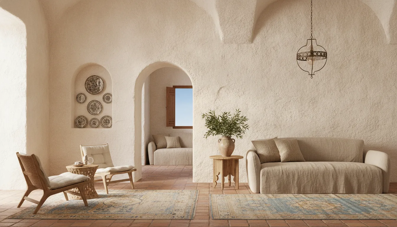 A photoreal AI-rendered Mediterranean living room with hand-troweled lime-plaster walls in warm cream, a low arched doorway, a terracotta tiled floor layered with a faded Turkish rug, a curved linen-slipcovered sofa in oatmeal, carved olive-wood side tables, a wrought-iron pendant, woven rattan and rush seating, glazed terracotta urns with olive branches, and soft sun-baked light raking across the textured plaster — illustrating an AI Mediterranean interior design generated from a single phone photo.