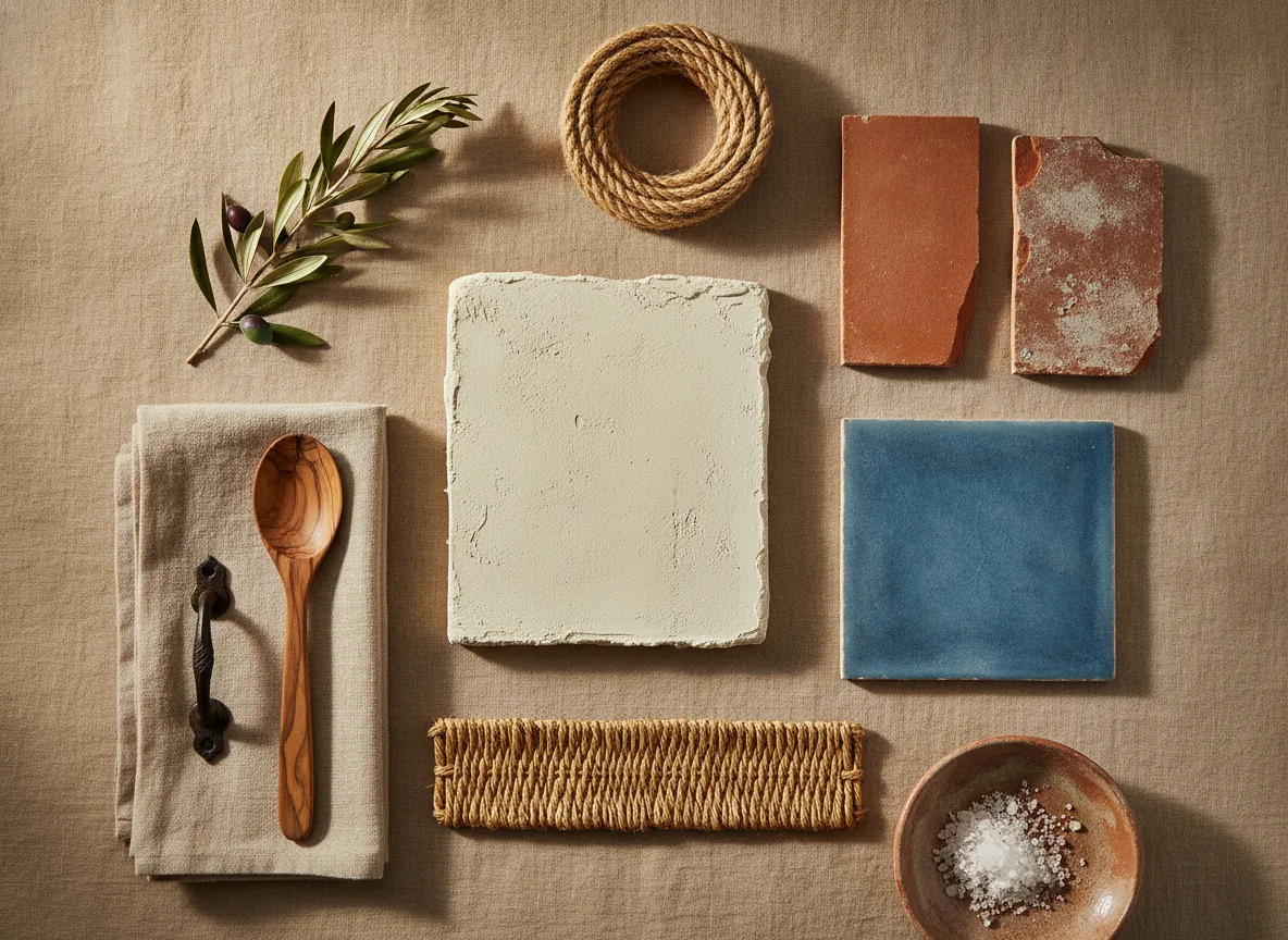 A clean editorial flat-lay of the Mediterranean material kit arranged on a warm sand-colored linen background — a hand-troweled lime-plaster sample block in warm cream, two terracotta floor-tile offcuts (one smooth, one weathered), a square of glazed sea-blue ceramic tile, a coil of natural jute rope, a length of woven rush, a small forged wrought-iron drawer pull, an olive-wood spoon, a folded oatmeal linen napkin, a sprig of dried olive branch, and a glazed terracotta dish holding sea salt — illustrating the textural material vocabulary that defines Mediterranean interior design.