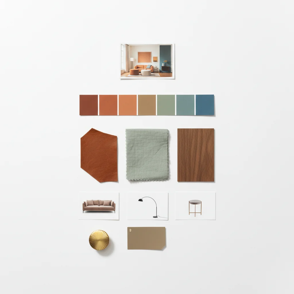 An anatomical layout of an AI-generated mood board on a clean white surface — a small styled room render thumbnail at top, a five-color palette strip below, three material swatches, three miniature furniture thumbnails, and a brass knob and paint chip — showing the components of a complete AI mood board.