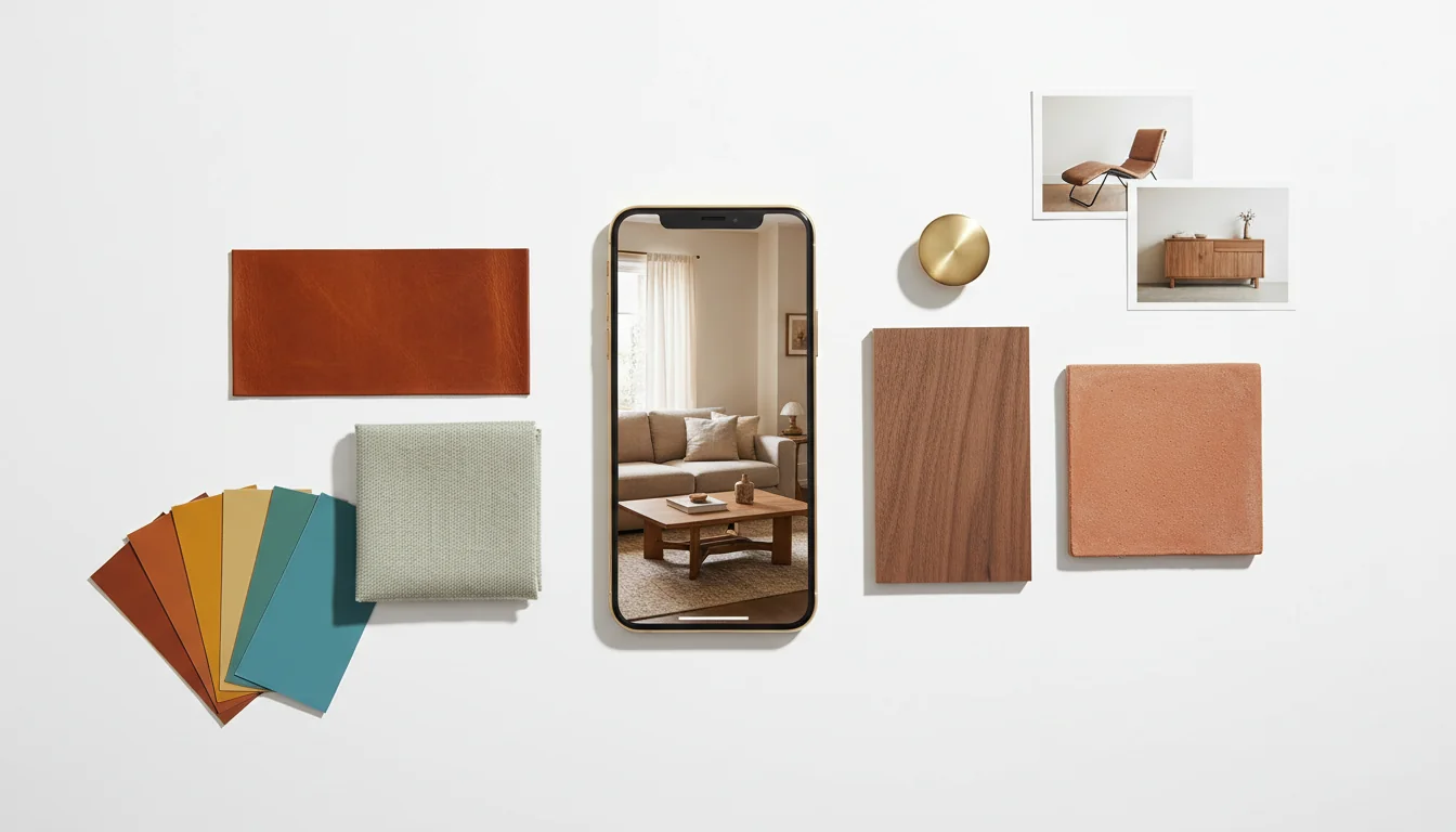 An editorial flat-lay of an AI-generated mood board on a pure white background — phone showing a styled living room render, surrounded by paint chips, a cognac leather swatch, dusty sage linen, walnut veneer, and miniature furniture thumbnails.