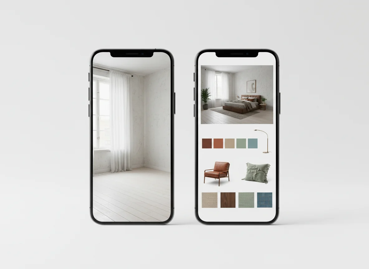 Two smartphones side by side on a clean white surface: the left phone shows a candid bedroom corner photograph with bare walls and a window; the right phone shows the AI-generated mood board for that room — a styled render, a five-color palette strip, miniature furniture thumbnails, and small material swatches — illustrating a one-photo to full-mood-board AI workflow.