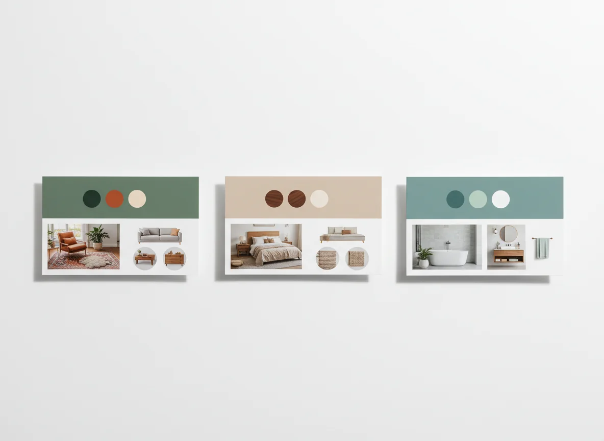 Three printed mood board cards arranged on a clean white surface, each a miniature mood board for a different room in the same home — a warm sage-and-terracotta living room card, a softer warm-oatmeal-and-walnut bedroom card, and a cooler dusty-turquoise-and-pale-seafoam bathroom card — each with swatches and small furniture thumbnails.
