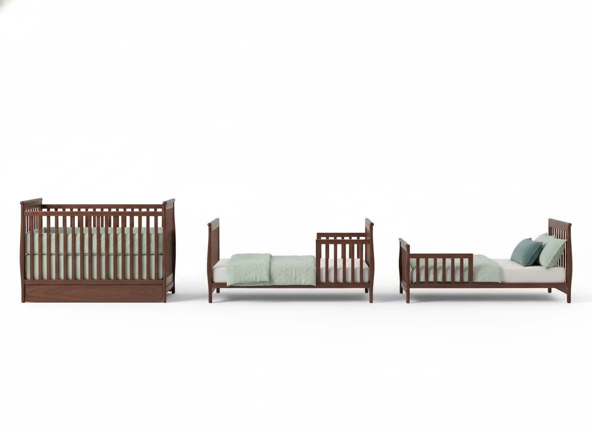 Photoreal three-stage convertible crib vignette showing the same walnut crib as a standard crib, a toddler bed, and a low daybed side by side on a pure white background