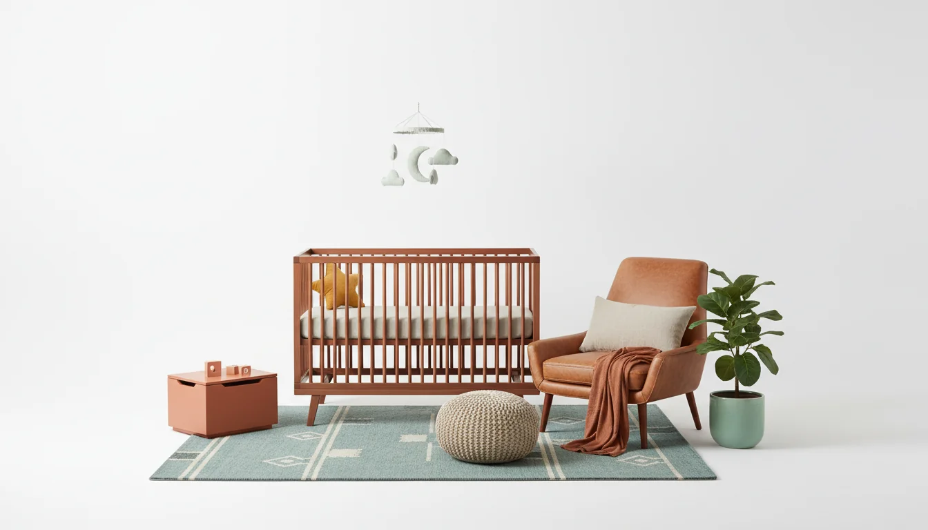 A warm walnut convertible crib, cognac leather reading chair, muted teal rug, and sage and terracotta nursery accents arranged as an editorial vignette on a pure white studio background