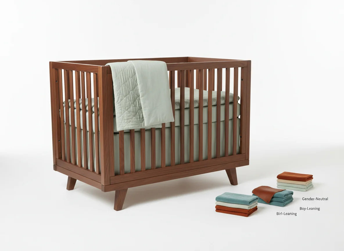 Photoreal nursery palette comparison showing a walnut convertible crib next to three stacks of folded fabric swatches representing gender-neutral, boy-leaning, and girl-leaning palettes on a pure white background