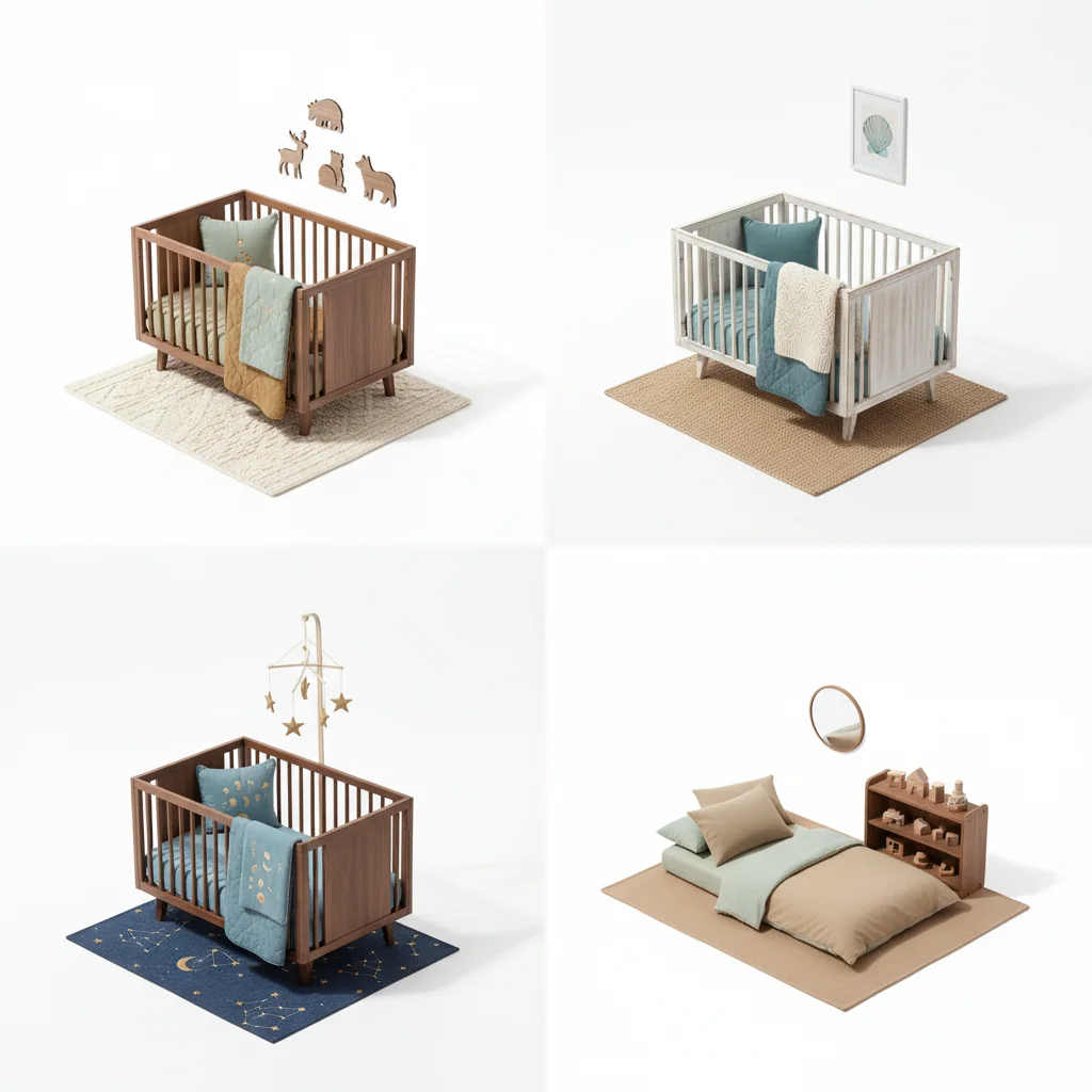 2x2 grid of four photoreal nursery theme vignettes — woodland, coastal, celestial, and Montessori — each isolated on a pure white background