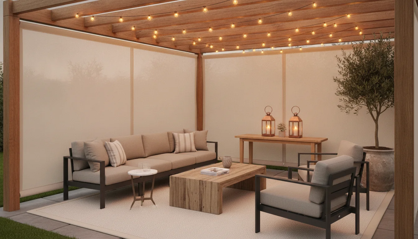 A photoreal AI-rendered covered patio redesigned as an outdoor living room at dusk — a deep charcoal L-shaped sectional in weather-resistant Sunbrella, a low reclaimed-teak coffee table with a marble-top side table, a cream wool-look outdoor rug anchoring the seating, two slat-back aluminum accent chairs at 45 degrees, a cedar pergola with cream canvas drop shades on two sides, a concrete urn with a tall olive tree, a pair of copper lanterns on a console table, and warm bistro string lights overhead — illustrating an AI outdoor living room design generated from a single phone photo.