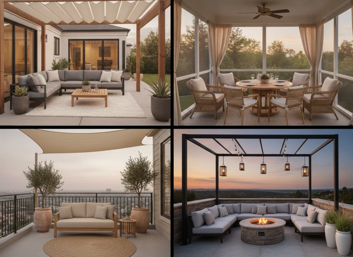 A 4-up editorial grid showing four AI-rendered residential outdoor living rooms side-by-side — top-left a modern covered patio with a charcoal L-sectional and cedar pergola, top-right a traditional screened porch with all-weather wicker seating, bottom-left a compact balcony with a deep sofa and cream shade sail, bottom-right a large open terrace with a modular sectional and stone fire pit — all unified by warm dusk lighting and editorial composition.