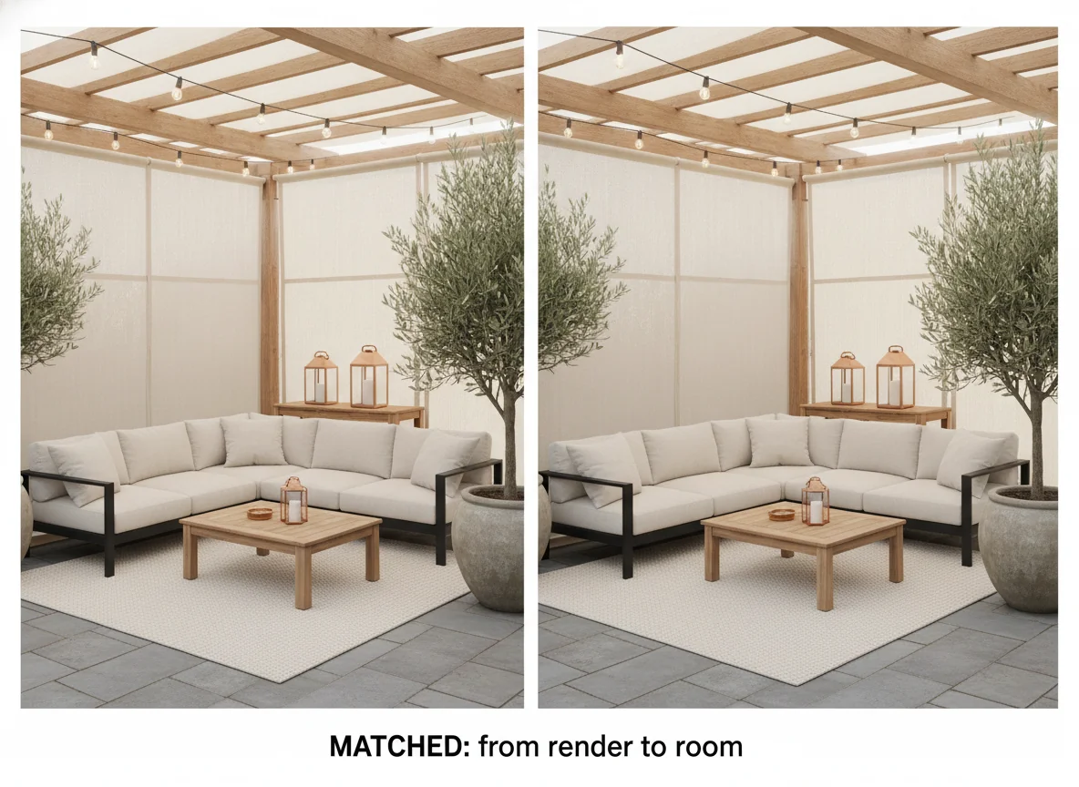 A side-by-side comparison showing AI render-to-reality furniture matching — left half a rendered outdoor living room with a powder-coated aluminum L-sectional, teak coffee table, cream wool-look rug, copper lanterns, olive tree in concrete urn, cedar pergola with canvas shades, and bistro string lights; right half the same room photographed as a furnished real-life space with matching pieces — bearing the caption 'MATCHED: from render to room.'