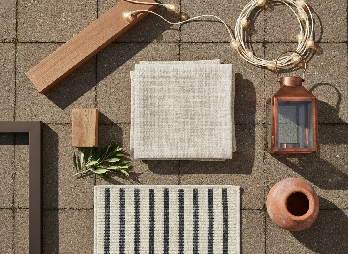 A clean editorial flat-lay showing the outdoor living room material vocabulary laid out on a warm gray concrete paver background — a folded swatch of cream oatmeal Sunbrella performance fabric, a section of dark bronze powder-coated aluminum frame, a small teak block, a square of cream and charcoal striped wool-look polypropylene outdoor rug, a copper floor-standing lantern, a cedar pergola beam offcut, a green olive sprig, a small terracotta urn, and a coil of warm white bistro string lights — illustrating the bright, weather-resistant material vocabulary that defines a well-designed outdoor living room.