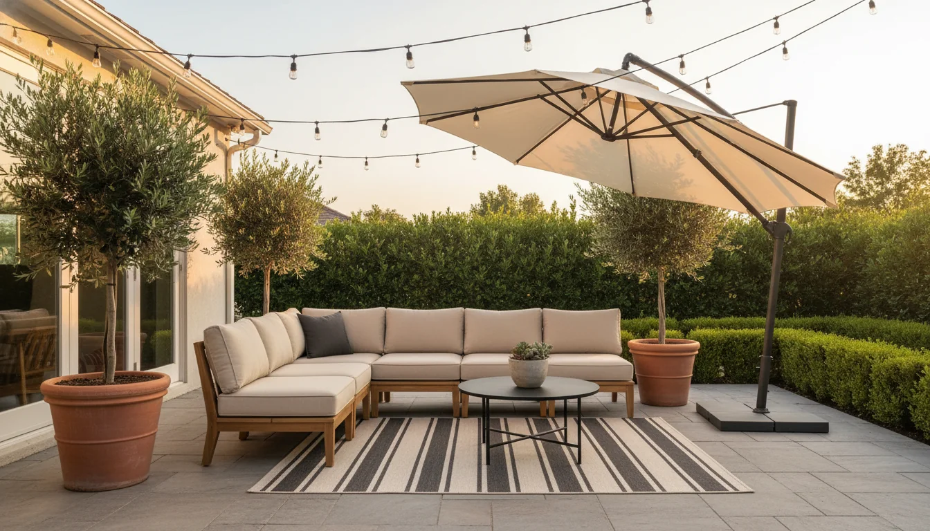 A photoreal AI-rendered residential patio at golden hour with warm gray porcelain pavers, a low teak L-shaped sectional dressed with oatmeal Sunbrella cushions and a charcoal lumbar pillow, a round black powder-coated coffee table with a small ceramic planter, a cantilevered cream canvas umbrella tilted over the seating, a pair of large terracotta pots holding olive topiaries flanking the back door, a row of clipped boxwood along the perimeter, a wool-look outdoor rug in cream and charcoal stripe, and warm string lights catenary-strung overhead — illustrating an AI patio design generated from a single phone photo.