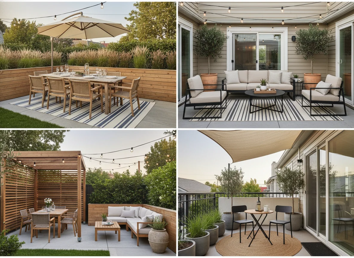 A clean 4-up editorial grid showing four AI-rendered residential patio layouts side-by-side — top-left a dining-first patio with a rectangular weathered teak table set for six under a cream cantilevered umbrella, cane-and-teak dining chairs, a wool-look striped outdoor rug, a long cedar planter box of mixed grasses behind, and warm string lights catenary-strung overhead; top-right a lounge-first patio with a low teak L-shaped sectional in oatmeal Sunbrella, a round black coffee table with a small ceramic planter and a tray, two accent chairs at 45 degrees, a cream and charcoal striped outdoor rug, a pair of terracotta urns with olive topiaries flanking the back door, and bistro string lights overhead; bottom-left a multi-zone patio with a six-top dining table on one end and an L-sectional on the other, divided by a low cedar planter wall and a single large planted urn, with a freestanding cedar pergola overhead on the dining side and string lights over the lounge side; bottom-right a small balcony scaled down to a two-seat bistro set in black powder-coated steel, a small round teak side table, a low jute outdoor rug, three mid-size fiberglass pots holding mixed grasses and a small olive, and a stretched cream shade sail tensioned overhead — illustrating AI patio design at four common scales.