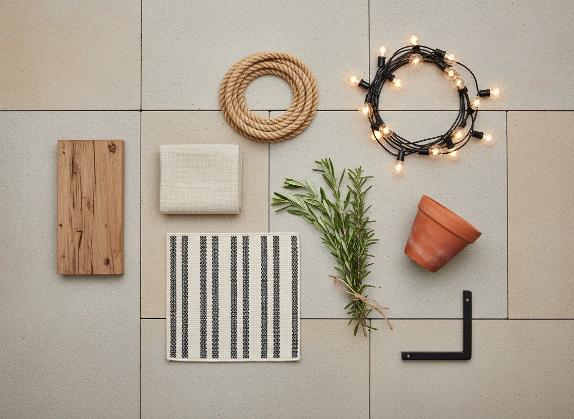 A clean editorial flat-lay showing the AI patio design material vocabulary laid out on a pale warm gray porcelain paver background — a small slab of weathered teak, a folded swatch of oatmeal Sunbrella performance fabric, a coil of natural manila rope, a square of cream and charcoal striped polypropylene outdoor rug, a small terracotta pot tipped on its side, a length of warm white catenary string lights coiled in a loop, a black powder-coated steel bracket, and a sprig of olive and a sprig of rosemary tied together with twine — illustrating the bright, weather-resistant material vocabulary that defines a well-designed residential patio.