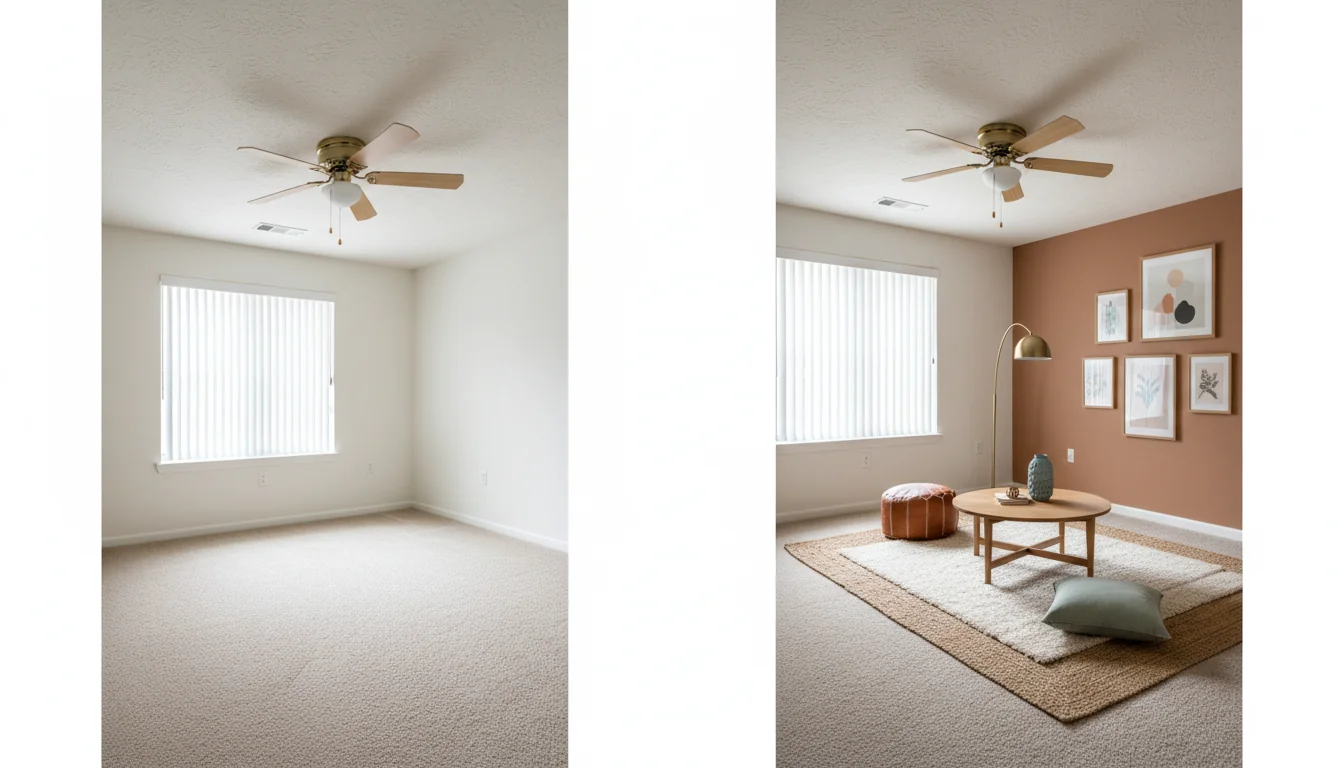 A side-by-side photo of a generic white-walled rental living room — popcorn ceiling, beige carpet, brass-accented ceiling fan, vertical blinds — next to the same room redesigned by AI with a peel-and-stick warm clay accent wall, a low oak coffee table, a brass arc floor lamp, a layered jute and cream rug, and a cluster of framed art on tension-rod picture rails, illustrating AI rental apartment design that uses only removable, deposit-safe upgrades.