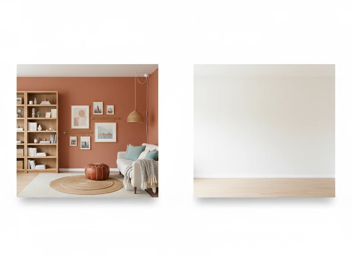 A two-state AI render of the same rental apartment living room — left panel showing the room fully decorated with peel-and-stick accent wall, plug-in pendant on a Command ceiling hook, freestanding bookshelf, layered rugs, and framed art on tension-rod picture rails; right panel showing the same room after careful removal, walls clean and unmarked, ready for move-out — illustrating the move-out reversibility test built into AI rental apartment design.