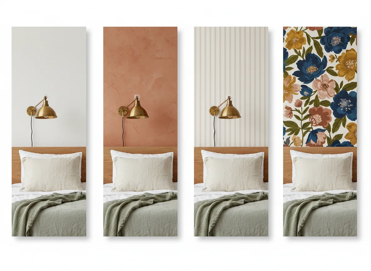 A clean side-by-side render comparing four versions of the same rental bedroom wall — bare original off-white paint, a warm clay peel-and-stick accent wall, a subtle vertical-stripe peel-and-stick pattern, and a statement floral print on the headboard wall — with the same camera angle in each, illustrating how AI rental apartment design previews removable wallpaper choices before any adhesive is committed.